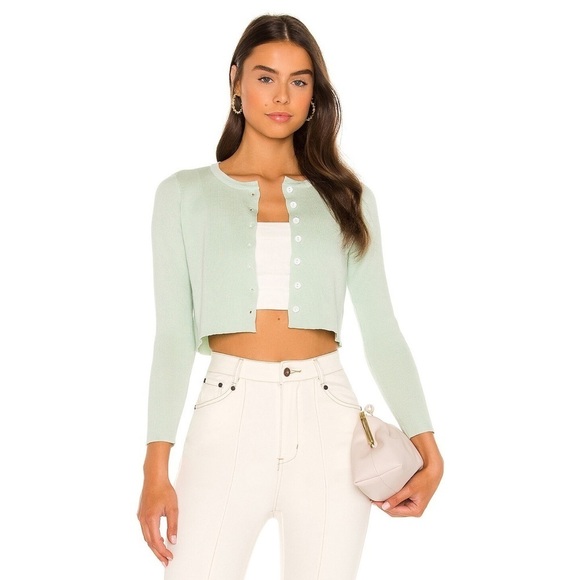 SNDYS Sage Green Ribbed Cropped Viscose Sheer Knit Cardi Cardigan Sweater EUC S - Picture 1 of 12